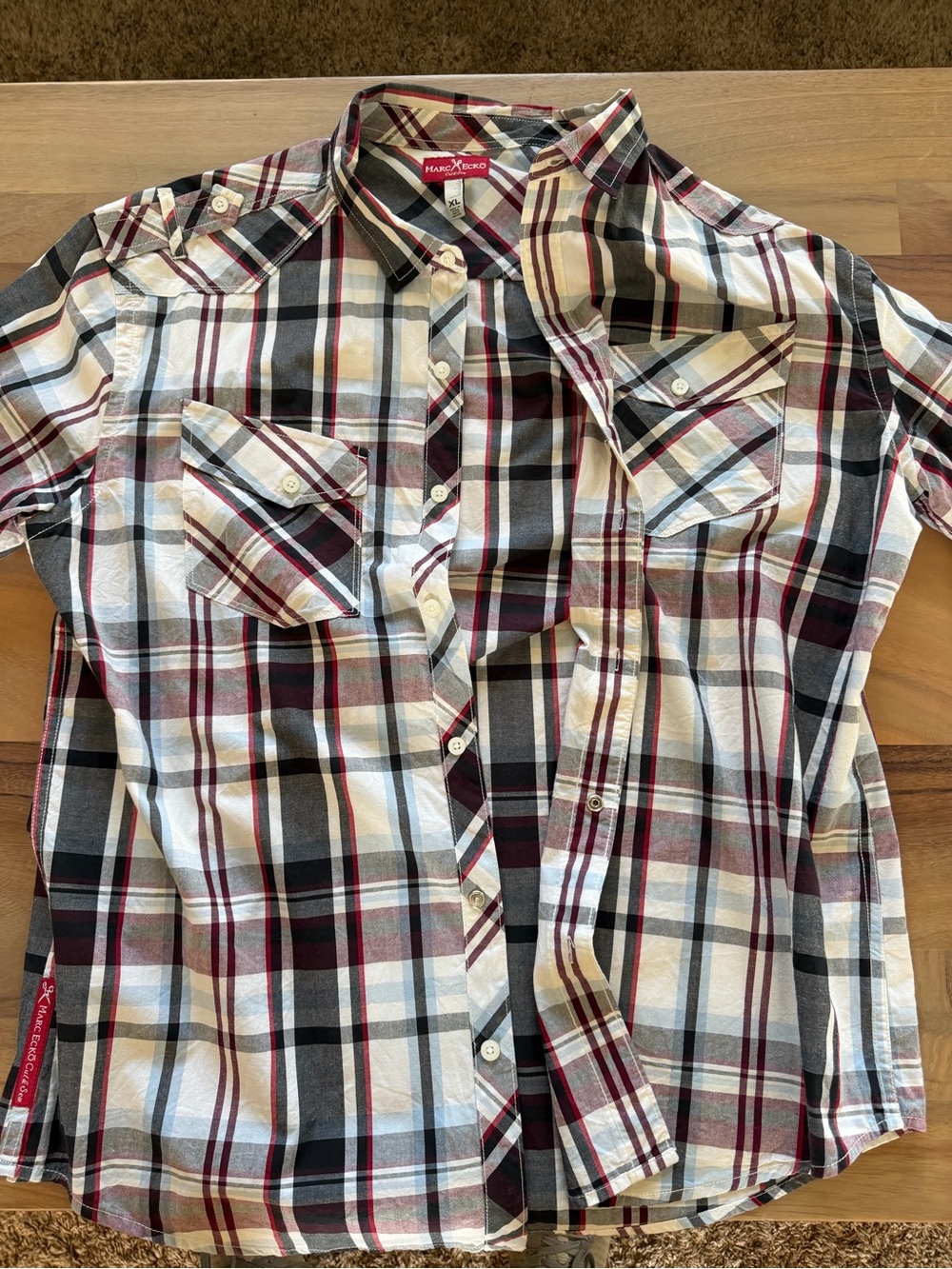 Marc Ecko Men’s Plaid Button-Down Shirt in White, Black, and Burgundy